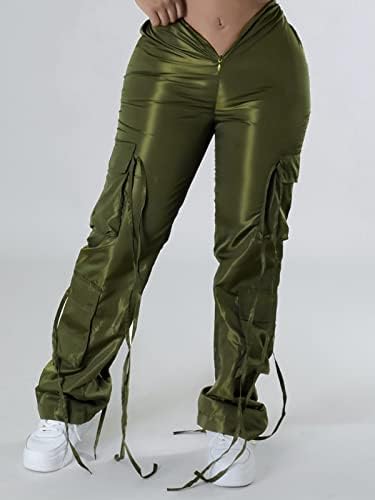 מכנסי רץ המותניים הנמוכים של נשים מוזהות מכנסי מטען מותניים אלסטיים מכנסיים רצים רחבים עם כיסים