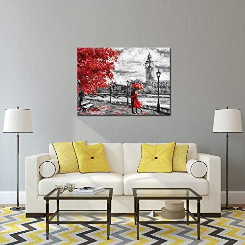 אמנות יצירתית אוהבי בד קיר אמנות זוג נשיקות בגשם עם אדום מטרייה יצירות אמנות רומנטי ציור לסלון חדר שינה חדר אמבטיה קיר תפאורה נמתח וממוסגר מוכן לתלות 24 על 32 אינץ