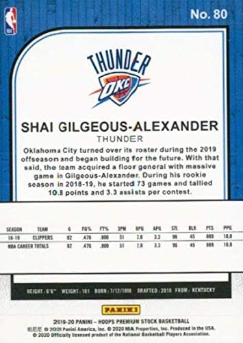 2019-20 Panini Hoops Premium Stock קמעונאות 80 SHAI Gilgeous-Alexander Oklahoma City Thunder NBA כרטיס מסחר בכדורסל