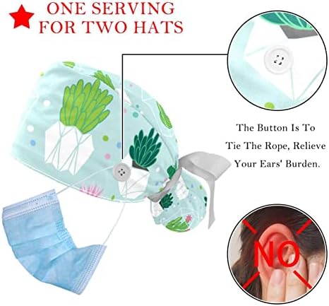 Lorvies כובעים רפואיים לנשים עם כפתורים שיער ארוך, כובע עבודה מתכוונן 2 חלקים, צמח קקטוס כחול ירוק