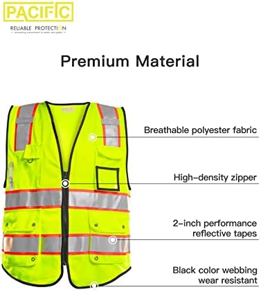 PACIFIC PPE 10 כיסים נראות גבוהה ואפוד בטיחות קדמית עם רצועות רוכסן עם רצועות רפלקטיביות, עומד בסטנדרט ANSI/ISEA, גדול, צהוב