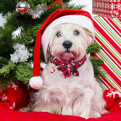 צווארון כלבי חג המולד של Adoggygo עם פרח, צווארון חג המולד של כלב שלג של באפלו משובץ באפלו עם צווארון חג המולד פרחוני נשלף מתכווננים נשלפים