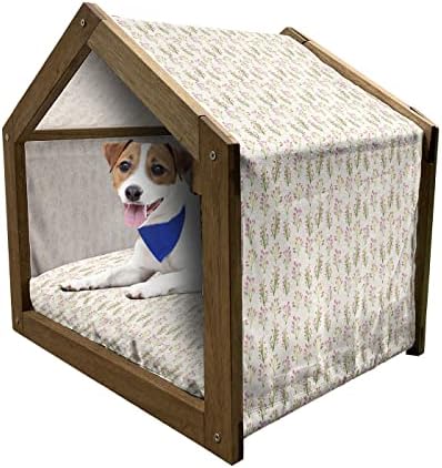 Ambesonne Lotus Frolow House Wood Dog House, דפוס קישוט גרפי עם פריחת לוטוס ורודה, מלונה כלבים מקורה וחיצונית חיצונית עם כרית וכיסוי, 2x-הגדולים, שנהב ורוד וירוק