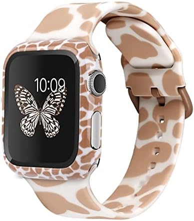 Vozehui 2-חבילה תואמת להדפסת פרה Apple Watch 38 ממ 40 ממ פס עם מארז, פס הדפס נמר ＆ מארז מחשב קשה עם מגן מסך זכוכית מזג עבור Iwatch Series SE/6/5/4/3/2/1 נשים גברים