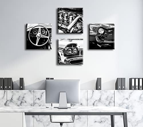 DJSylife שחור -לבן אמנות קיר וינטג 'כרזות מכוניות דקור חדר שינה חדר שינה בנים ציורי משרד ציורי קנבס תמונות ממוסגרות מוכנות לתלייה 12 W × 12 H × 4 PCS