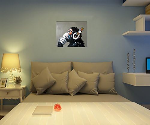 יד מצוירת ציור שמן על בד פופ ארט מגניב קוף האזנה מוסיקה עם אוזניות ממוסגר מוכן לתלות