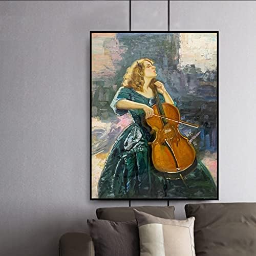 ציור שמן מצויד ביד מרקם - רטרו גיטרה אישה דמות ציור גדול יצירות אמנות אנכיות קיר קיר קיר מודרני דמות מודרנית ציור דקורטיבי, לא ממוסגר, 100 x 150 סמ