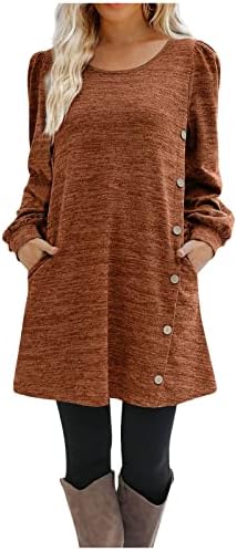 שמלת סוודר נוקמופו לנשים נשים אופנה צוואר עגול כפתור בצבע אחיד כפתור שרוול ארוך שמלה רופפת מזדמנת