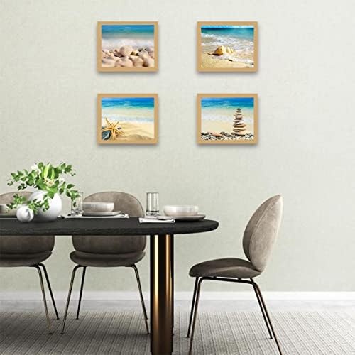 קיץ חוף חוף קיר אמנות פוסטר, גלים, כוכב ים, חול תמונות קיר אמנות הדפסה, עיצוב חדר אמבטיה,סט של 4