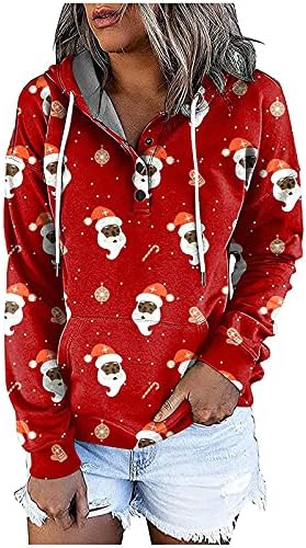 Lisapecia סווטשירטים לחג המולד לנשים כפתור שרוול ארוך למטה חולצות קפוצ'ונים גרפיים חמודים פלוס גודל בגדי חורף
