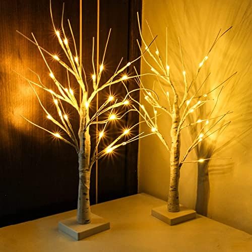 עץ ליבנה מואר, סט של 2 סוללת מנורת עץ ליבנה מופעלת בטיימר, עץ כסף עם נורות LED, עצים מוארים לעיצוב המעטפת לקישוט (17 אינץ 'לבן חם