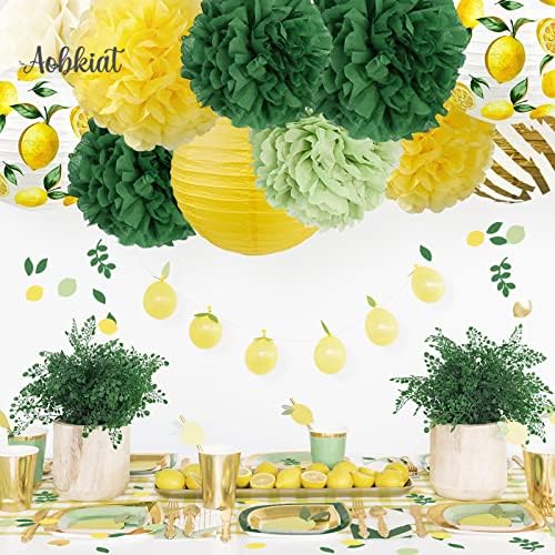 קישוטי מסיבת חתונה סט, 12 יחידות צהוב ירוק לבן לימון דפוס נייר פנסי פונפונים פרחים עם לימון קונפטי עבור ניטראלי תינוק מקלחת, בציר מפלגה, יום הולדת, מקלחות כלה