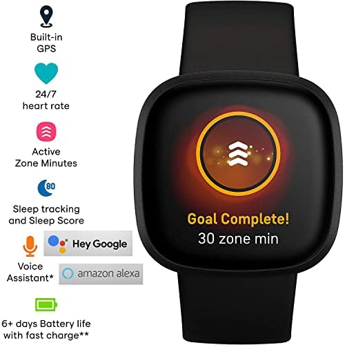 Fitbit Versa 3 Watch Smart Watch Smart Watch עם GPS מובנה, Alexa, 24/7 דופק, להקות S&L, צרור עם מזח טעינה, מתאם קיר, מגני מסך ובד Premgear
