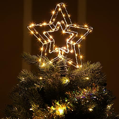 עץ כוכב חג המולד טופר קישוט אור אור, מסגרת ברזל כפולה גדולה כוכב תאורה עץ חג המולד עם 8 מצבי תאורה נצנוץ וסוללות USB המופעלות לעיצוב חג המולד