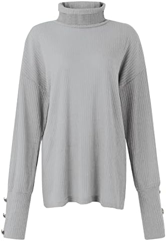 סוודר כותנה לנשים צוואר גולף גולף עליון כפתור סוודר רופף כלפי מעלה שרוול ארוך בצבע אחיד חולצה תחתונה סרוגה