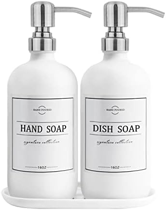 מתקן סבון זכוכית עם משאבה ומגש - בקבוקי מתקן סבון כלים ביד לסבון ידיים, סבון כלים, קרם - מתקן סבון וינטג 'חדר אמבטיה וכיור מטבח