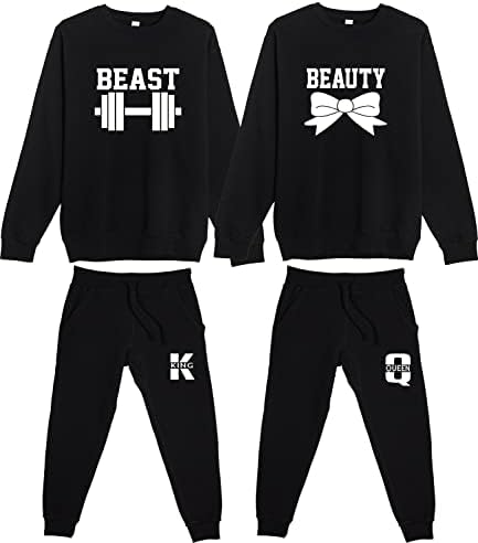חולצות Beauty and the Beast - קפוצ'ונים תואמים לזוגות - תלבושת זוגות לחדר כושר - חיה ויופי תואמת חליפת מסלול שחור