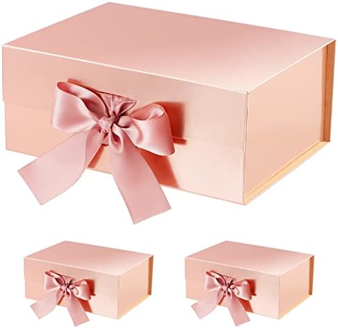 Rosegld 3 קופסאות מתנה עם סרטים 9x6.5x3.8 אינץ ', קופסאות מתנה עם מכסים, קופסאות הצעה לשושבינה, קופסאות מתנה מגנטיות למתנות