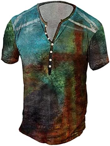 XXBR Mens Henley חולצות 3D רטרו במצוקה עולמית מפת הדפסה כפתור V צוואר עליון קיץ שרוול קצר חולצה מזדמנת חולצה