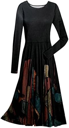 מקסי שמלה לנשים אופנה מזדמן מודפס עגול צוואר סוודר ארוך שרוול שמלה