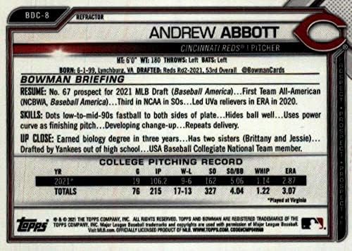 2021 Bowman Chrome Refractor BDC-8 Andrew Abbott RC טירון סינסינטי אדום MLB כרטיס מסחר בייסבול