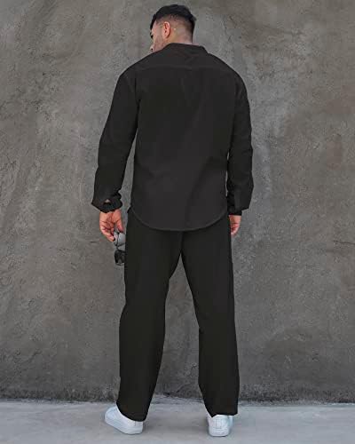 פשתן חולצה סטי תלבושות: גברים של 2 חתיכות הנלי חולצות ארוך שרוול רופף יוגה מכנסיים חוף בגדים שחור