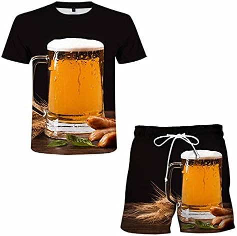 חולצת טריקו להדפסת בירה תלת מימדית + מכנסיים קצרים סט קיץ ספורט אימונית כושר ריצה סטים לגברים שני חלקים מזדמנים