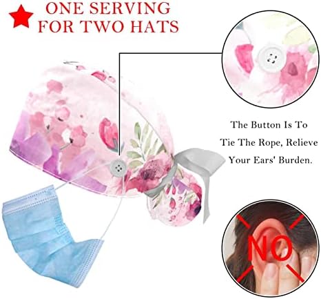 קקטוס פרחי ורד קרצוף כובעים נשים 2 חבילות כובע עבודה עם מחזיק קוקו מתכוונן תחבושת אלסטית מתכווננת עניבה כובעים