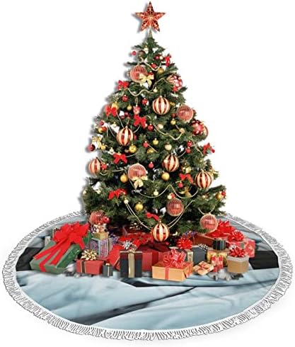 ציור שמן של מטריות על חצאית עץ חג המולד כחול בהיר, מחצלת חצאית עץ חג המולד עם ציצית לעיצוב מסיבת חתונה לחג 48