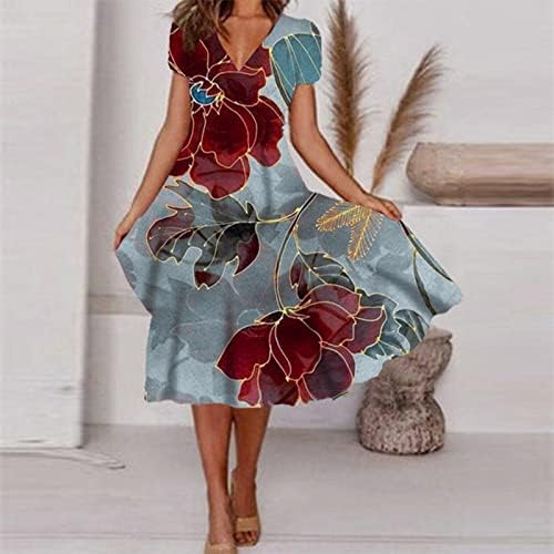 קיץ נשים מזדמן אופנה הדפס פרחוני שרוול קצר שמלת צווארון v שמלת נדנדה