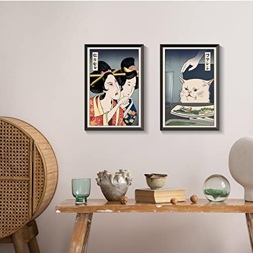 אשת IKNOSTINE צועקת בחתול הדפסים לאמנות קיר יפנית סט של 2 אוקיו-אי קנבס פוסטר וינטג 'פוסטר אסתטי גדול תפאורה אסייתית מצחיקה לחדר שינה למטבח סלון