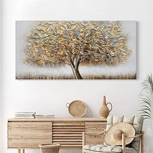 עץ אלון פורח זהב גדול במיוחד 3 יצירות אמנות מצוירות ביד בד ציור שמן וול ארט לקישוט משרד ביתי, ח20 40, 1.2 עמוק