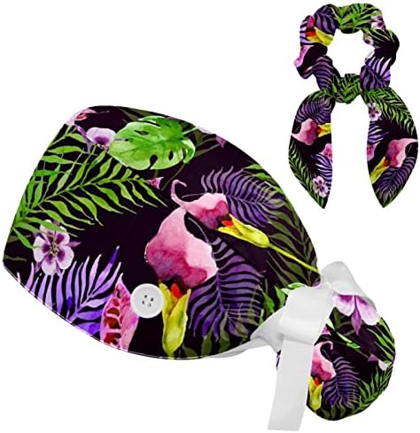 קיץ פרחוני טרופי מתכוונן כובע עבודה עם מחזיק קוקו, מכסה קרצוף עם Scrunchie Scrunchie לנשים לנשים