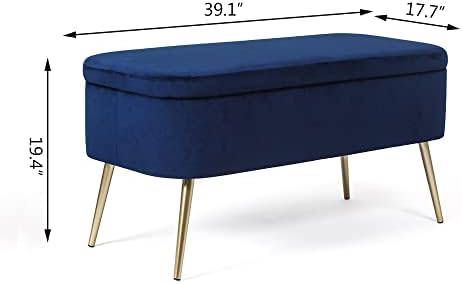 HomeBeez 39.1 אינץ 'ספסל אחסון לחדר שינה, מיטת קצה ספסל עות'מאני עם רגלי מתכת מוזהבות, כיסא התחפש לסלון כניסה, כחול