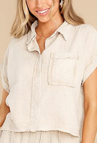 כפתור תלבושות לנשים של הנשים של הנשים כפתור מטה חולצות חולצות שרוול קצר מכנסיים קצרים מותניים גבוהים הגדרת בז 'לבן L