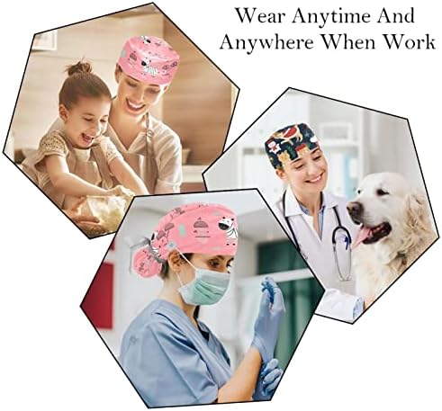 כובע עבודה של בעלי חיים לחתול עם כפתור ורצועת זיעה, 2 חבילות ניתוח ניתוחי הניתן לשימוש חוזר כובעי קוקו, רב צבעוני, רב צבע