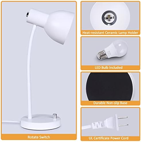 מנורת שולחן LED של Yeximee, מנורת שולחן צוואר אווז לבן מתכווננת, מנורות שולחן לימוד עין לחדר שינה, חדר לימוד ומשרד