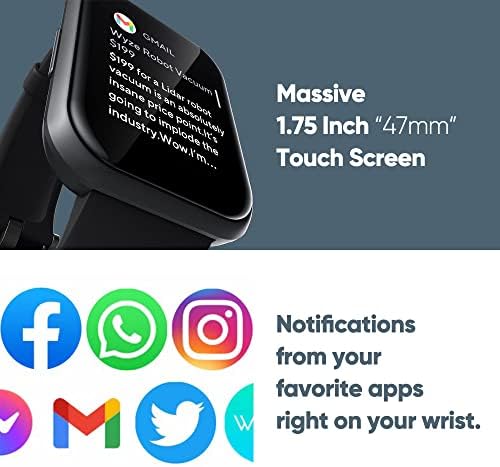 Wyze Smart Watch 47 ממ, 1.75 אינץ 'מסך מגע אלומיניום שעון חכם לאנדרואיד ו- iOS טלפונים גשש כושר עם דופק, צג חמצן/שינה בדם, שעון אטום למים של IP68 לגברים, שחור