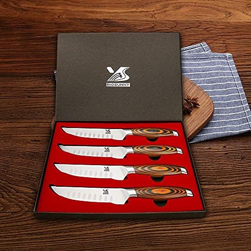 סט סכיני סטייק סאני, 4 חלקים, להב פלדה גרמני בגודל 5 אינץ', סט סכינים ידית ארגונומית יוקרתית