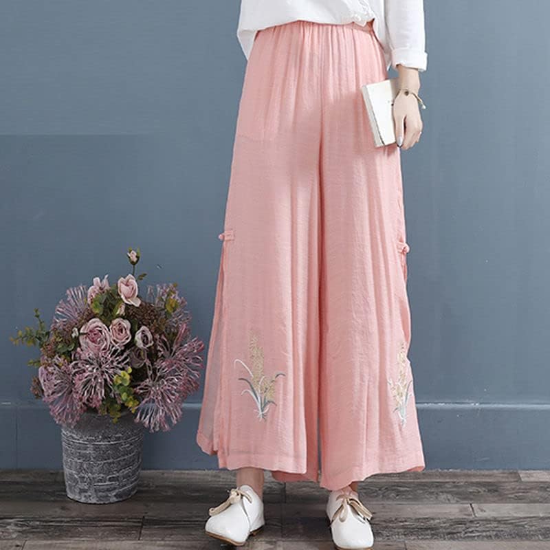 סגנון לאומי סיני רטרו מכנסיים אלגנטיים לרגל רחבה פרחים רקומים מכנסי מותניים אלסטיים מזדמנים לנשים צבעוניות 3 S