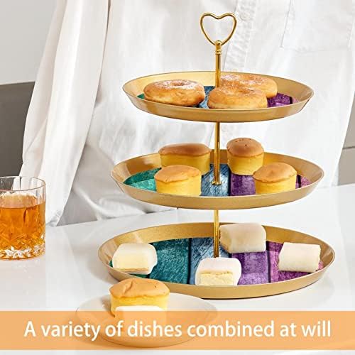 דוכן עוגת סט 3 קומות הקאפקייקס עומד לשימוש חוזר מאפה מגש לחתונה יום הולדת מסיבת תה קישוטים, צבעוני עץ לוח רטרו