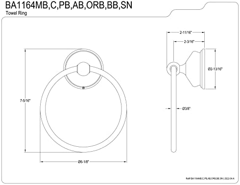 פליז קינגסטון BA1164C טבעת מגבת וינטג ', 6 אינץ', כרום מלוטש