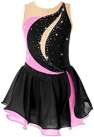 Jhaoyu ילדים בנות ריינסטון דמות ללא שרוולים קרח שמלת קרח צבע בלוק בלוק ריקוד טוטו תחרות תחרות בגד גוף טוטו