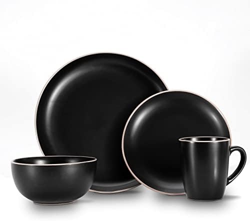 כלי אוכל של Fojorui Stoneware Set 16 כלים עגולים של 16 חלקים מוגדרים ל -4, צלחות מטבח וקערות מוגדרות עם ספלים, מיקרוגל בטוחים, שחור