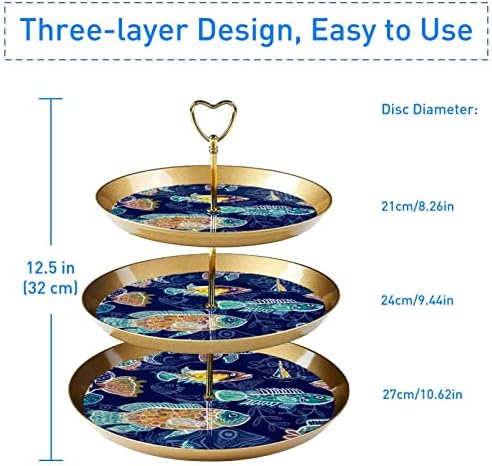 סט תצוגת שולחן קינוחים, עמדת קאפקייקס זהב, עמדות קינוח, מגש הגשה של 3 שכבות, מעמד שכבת עוגת כוס, עוגת חתונה לשולחן קינוח, דגים בצבע אמנות