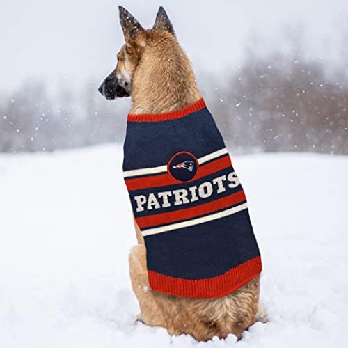 NFL ניו אינגלנד פטריוטס סוודר כלבים, מדיום גודל. סוודר חיות מחמד סרוג חם ונעים עם לוגו צוות NFL, סוודר הגורים הטוב ביותר לכלבים גדולים וקטנים