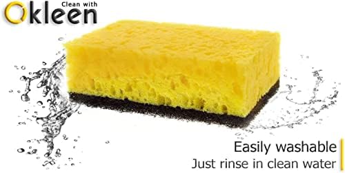Okleen צהוב רב -שימוש השתמש בספוג קרצוף. מיוצר באירופה. 9 חבילה, 4.3x2.8x1.4 אינץ '. חובה כבדה נטולת ריח וסיבים ללא שריטות. קרצוף עמיד ועדין למשטחים מלוכלכים קשים בניקוי יומיומי