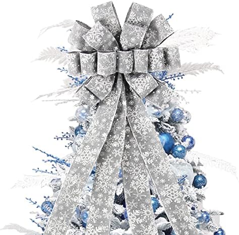 טופר עץ חג המולד, 44x12 אינץ 'מלאכותי עץ חג המולד טופר קשת עיצוב פרחי קשת עם הדפס פתיתי שלג נצנצים, מתאים לחתונה, מסיבת יום הולדת, חג המולד של חג ההודיה