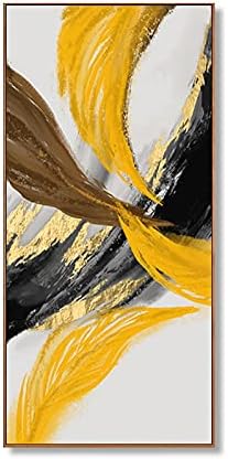 MKMKL ציור שמן תלת מימדי מצויר ביד, ציור בד דקורטיבי מופשט צהוב אנכי, ציור שמן יצירות אמנות צבעוניות עם מסגרת, חום, 20x39in