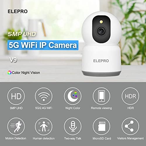 Elepro 【5MP, WiFi 5GHz תומך במצלמת PET, מצלמה מקורה עם ראיית לילה צבע, מצלמת רשת מעקב אוטומטית של PTZ לאבטחת בית וניטור לתינוקות באמצעות אפליקציית טלפון